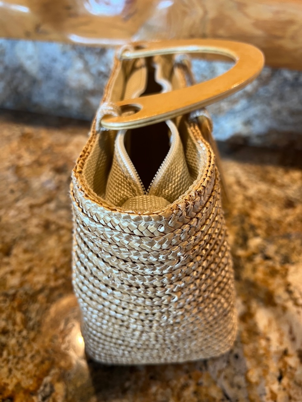 Woven Straw Tote Bag with Beige Handles - Picture 2 of 9